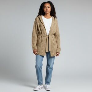 Lauren Ralph Lauren Women Large Tan Beige Open Front Cardigan Sweater Cable Knit